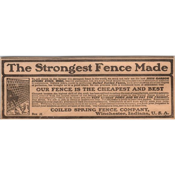 None Other - The Strongest Fence Made Coil Spring Fence Co Winchester IN 1905 Ad AF1-NEH